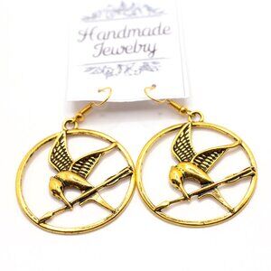 Goldtone Katniss Everdeen Hunger Games Mockingjay Hoop Earrings, New